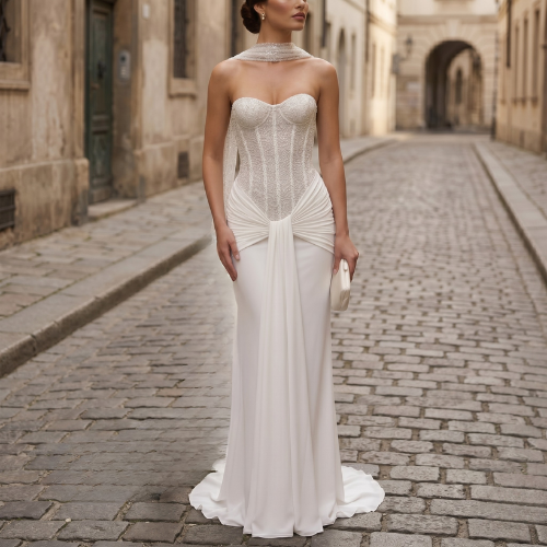 Women’s Strapless Wedding Dress Beaded Corset Bodice Draped Mermaid Gown