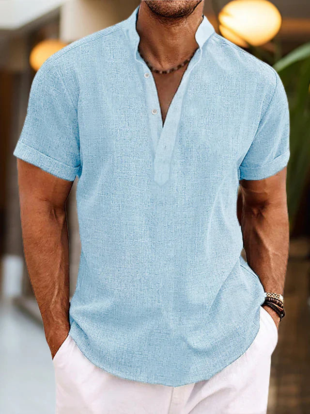Men's Polo Shirt Short Sleeve V-Neck Button Placket Casual