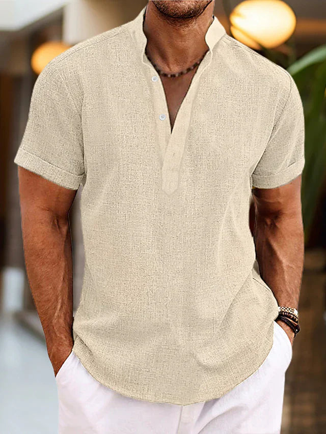 Men's Polo Shirt Short Sleeve V-Neck Button Placket Casual