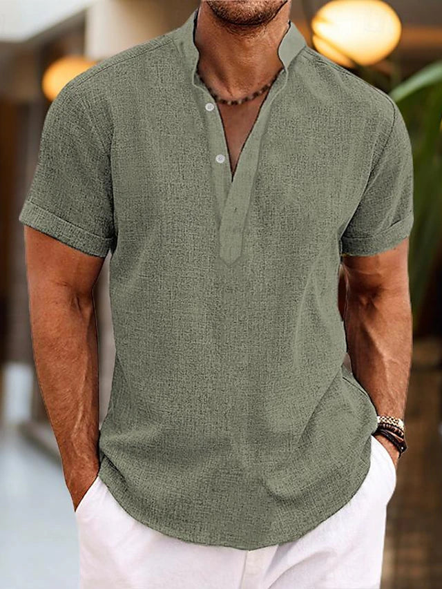 Men's Polo Shirt Short Sleeve V-Neck Button Placket Casual