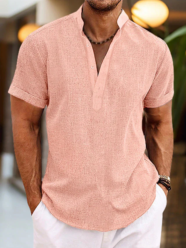 Men's Polo Shirt Short Sleeve V-Neck Button Placket Casual
