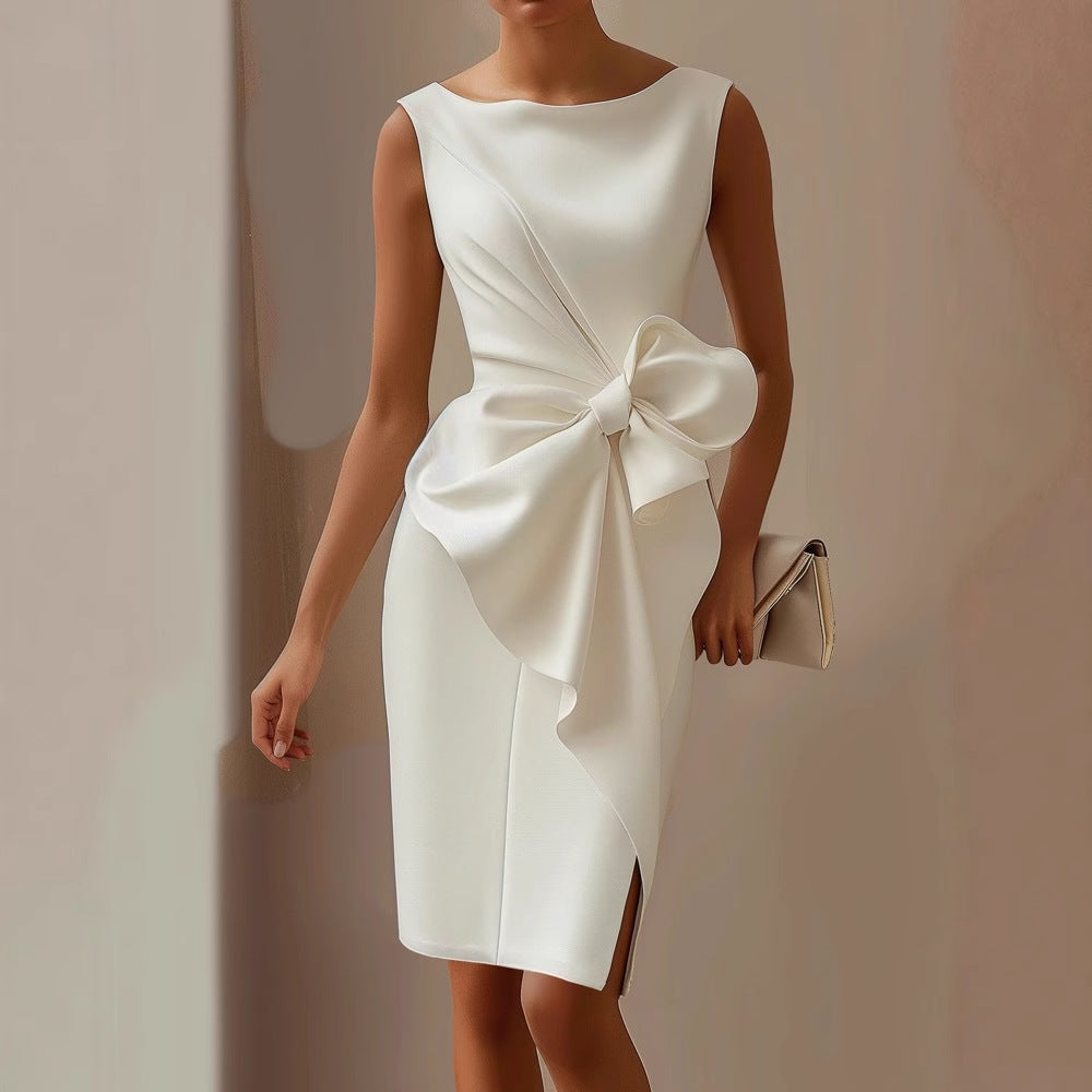 Women's Midi Dress Satin A-Line Front Bow Sleeveless Square Neck