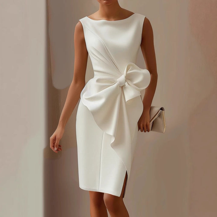 Women's Midi Dress Satin A-Line Front Bow Sleeveless Square Neck