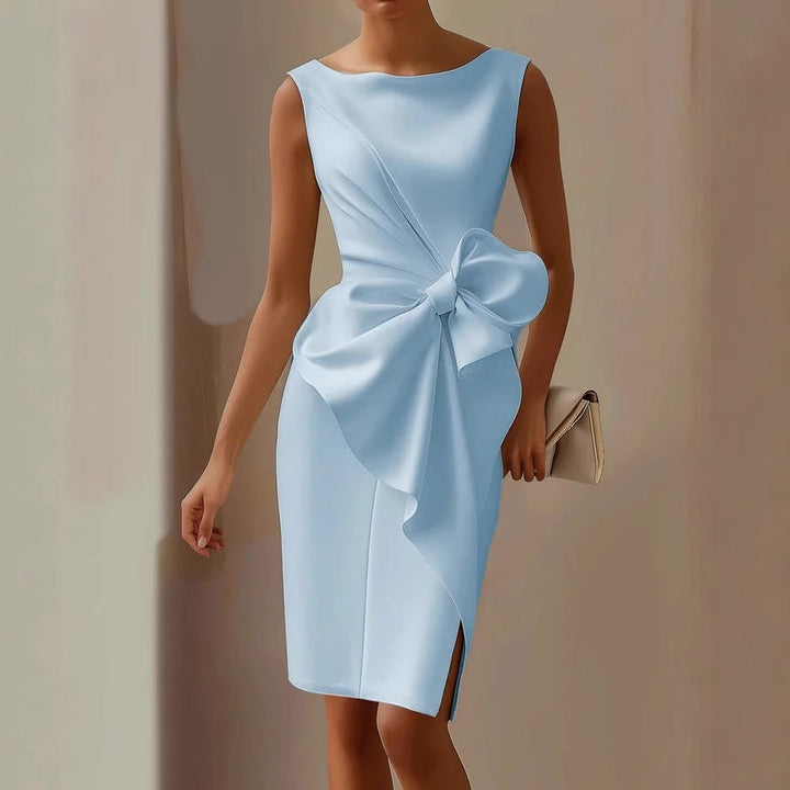 Women's Midi Dress Satin A-Line Front Bow Sleeveless Square Neck