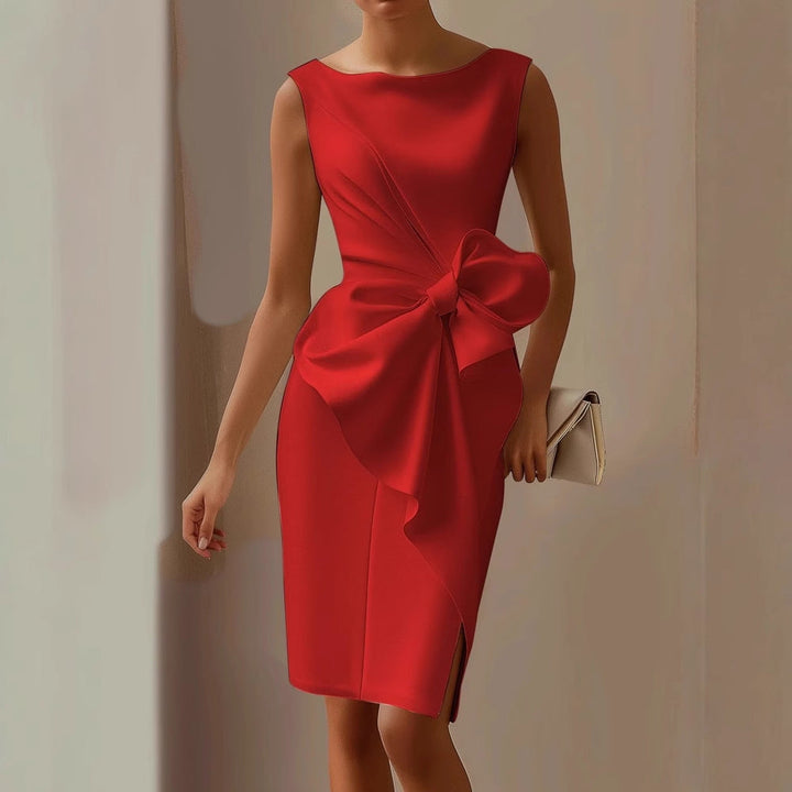 Women's Midi Dress Satin A-Line Front Bow Sleeveless Square Neck
