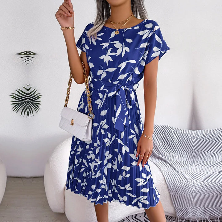 Women's Midi Dress Chiffon Floral Pleated Short Sleeve – Casual Summer