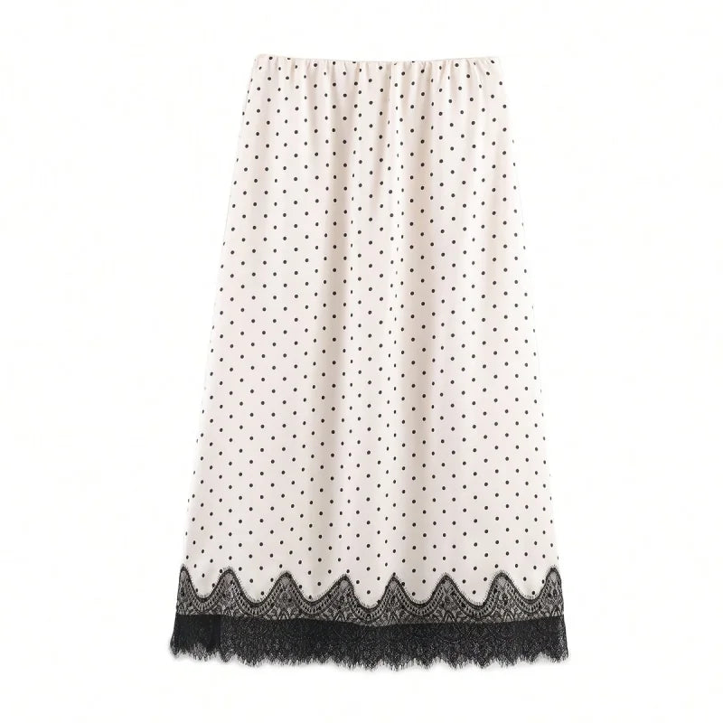 Women's Midi Skirt Satin Polka Dot Lace High Waist Straight Fit