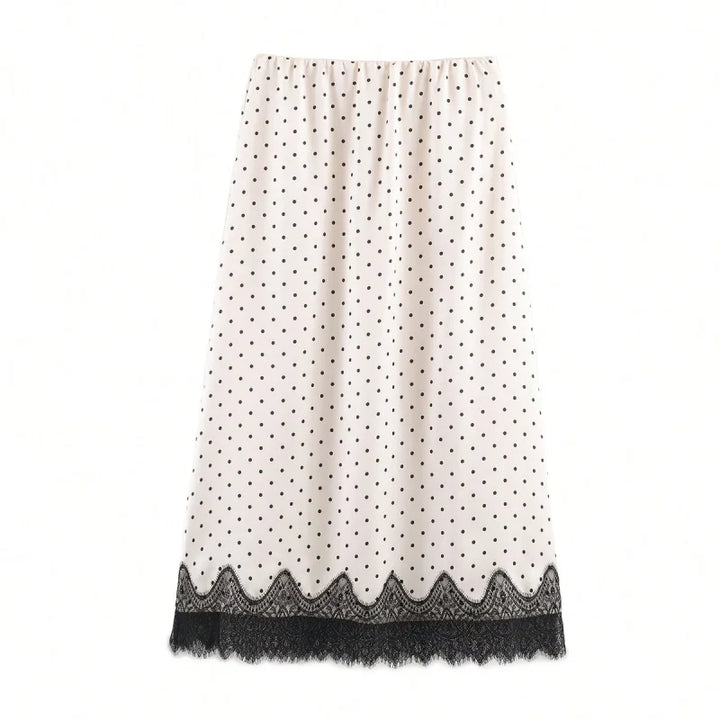 Women's Midi Skirt Satin Polka Dot Lace High Waist Straight Fit