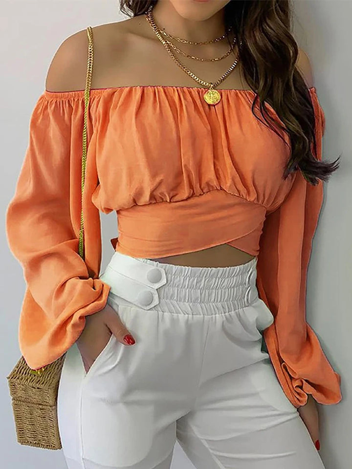 Women's Blouse Off Shoulder Slim Fit Long Sleeve Elastic Neck Crop