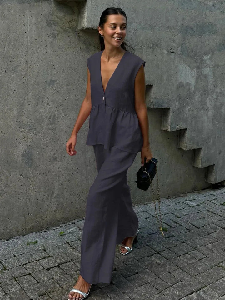 Women's Two Piece Set Sleeveless Relaxed Fit V-Neck Top Wide Leg Pants