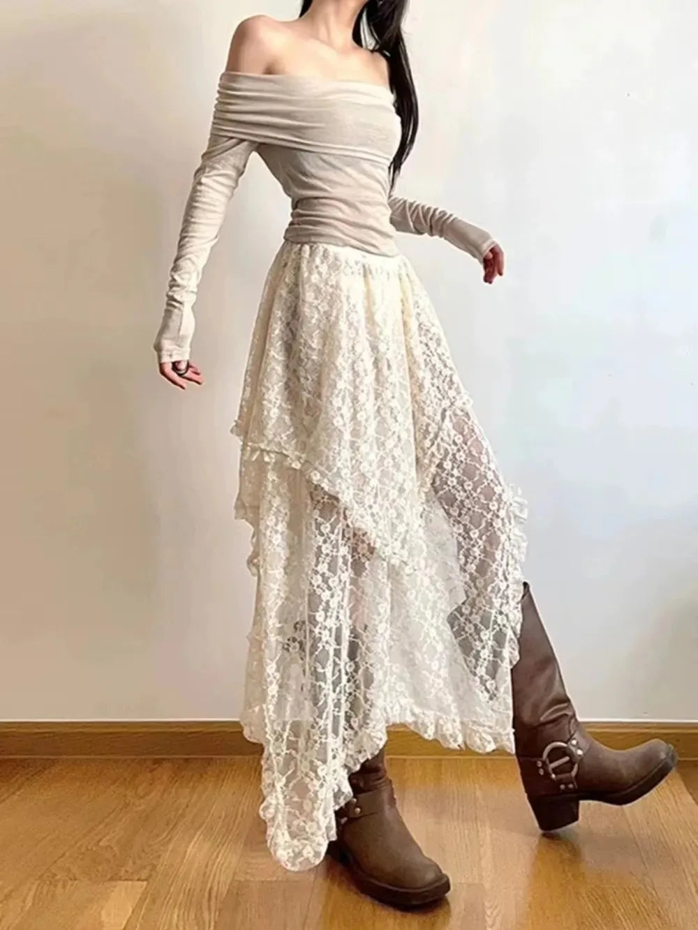 Women's Midi Skirt Lace Asymmetric High Waist A-Line – Boho Formal