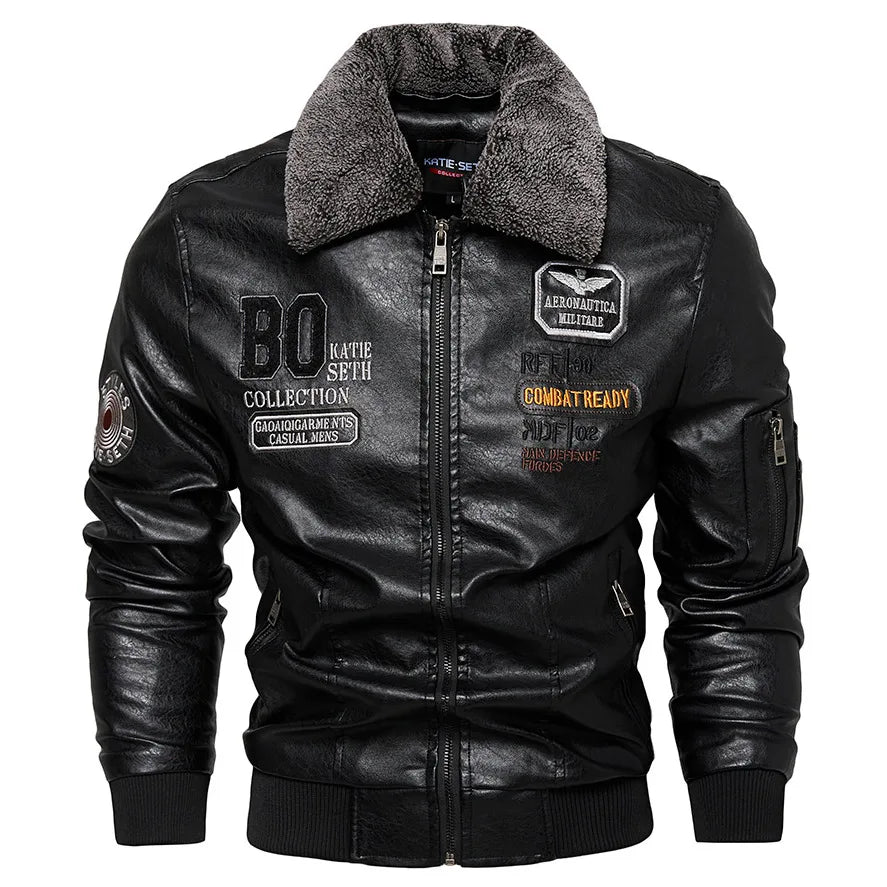Men's Leather Bomber Jacket Slim Fit Zip-Up Long Sleeve Fur Collar Casual Pilot