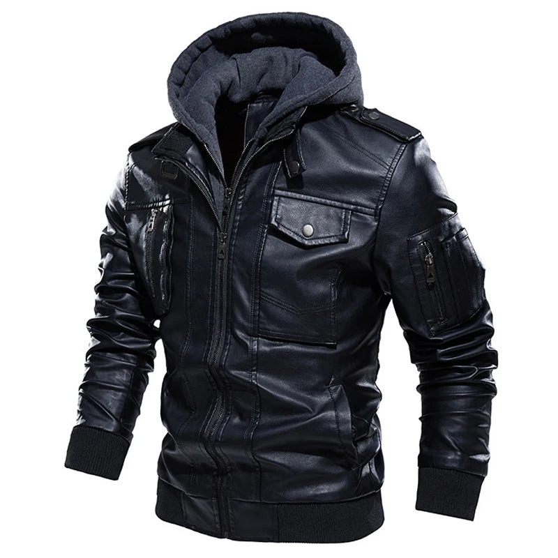Men's PU Leather Bomber Jacket with Hood, Zip-Up, Long Sleeve, Casual Motorcycle Style