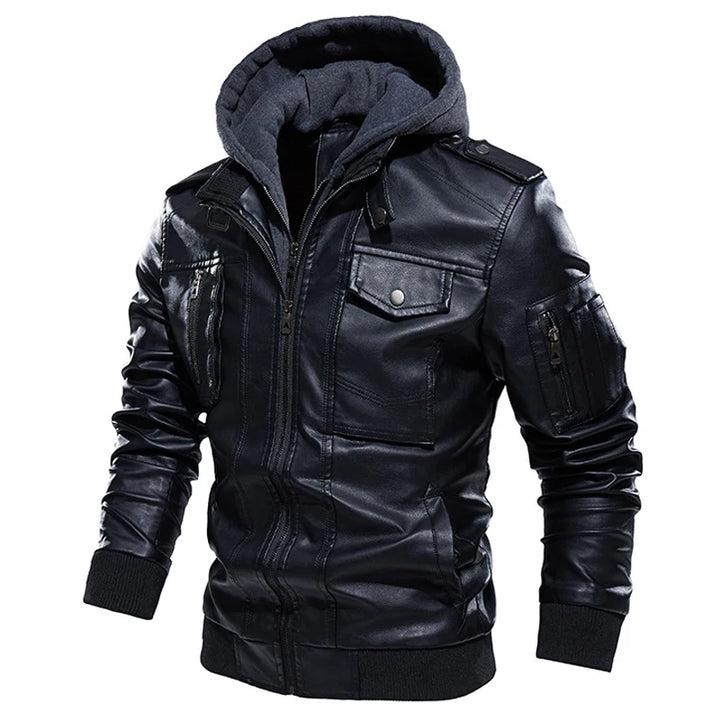 Men's PU Leather Bomber Jacket with Hood, Zip-Up, Long Sleeve, Casual Motorcycle Style