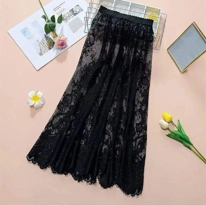 Women's Midi Skirt Ice Silk Mesh Lace Floral High Waist Elastic A-Line