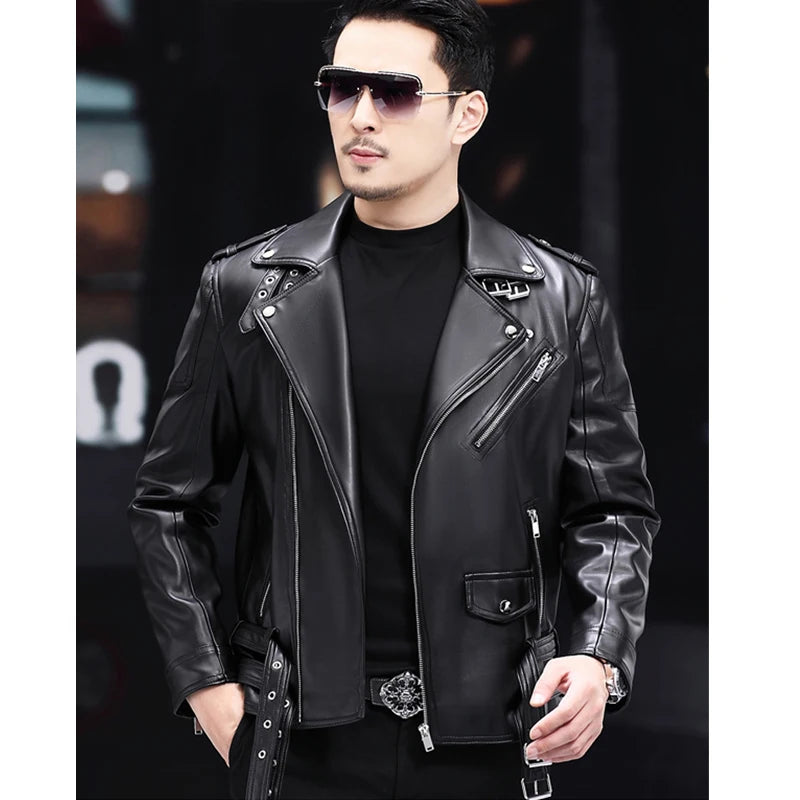 Men's Jacket PU Leather Biker Slim Fit Asymmetrical Zip-Up Long Sleeve