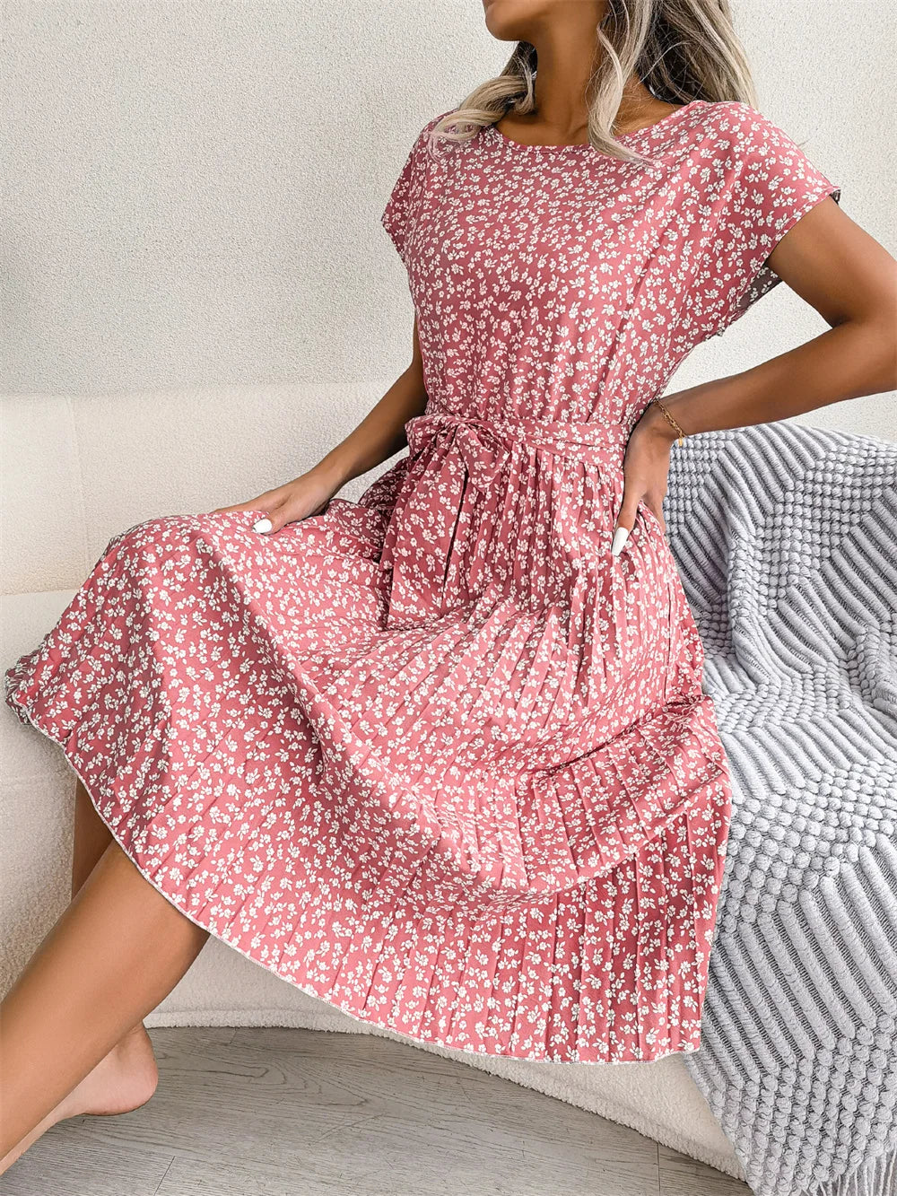 Women's Midi Dress Chiffon Floral Pleated Short Sleeve – Casual Summer