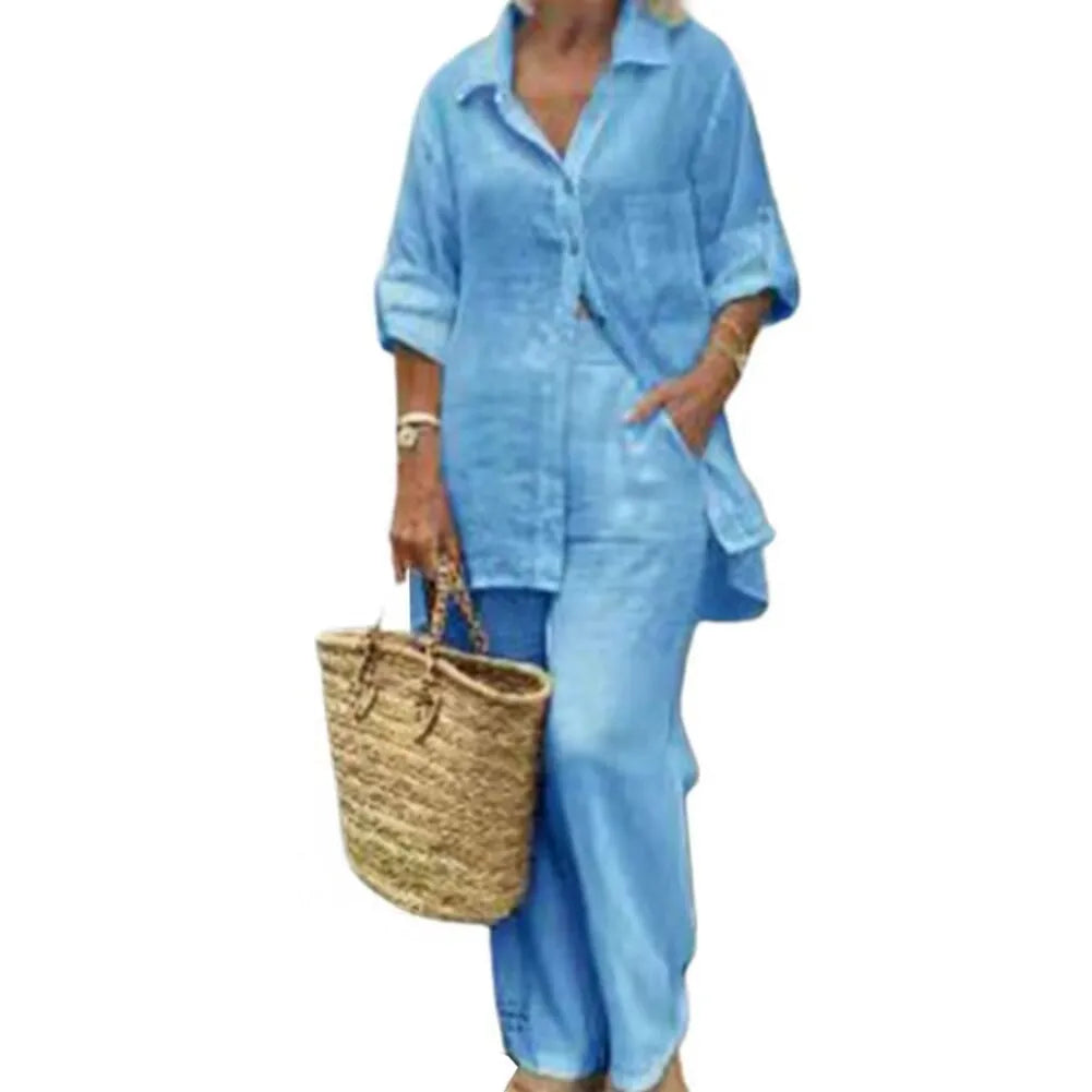 Women's Two Piece Set Fit Button-Up Long Sleeve Shirt Wide Leg Pants