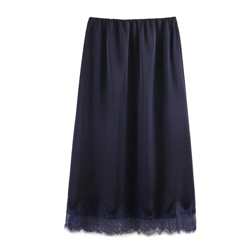 Women's Midi Skirt Satin Polka Dot Lace High Waist Straight Fit
