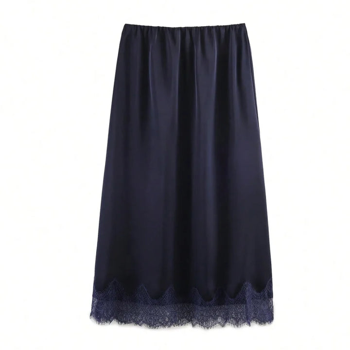 Women's Midi Skirt Satin Polka Dot Lace High Waist Straight Fit