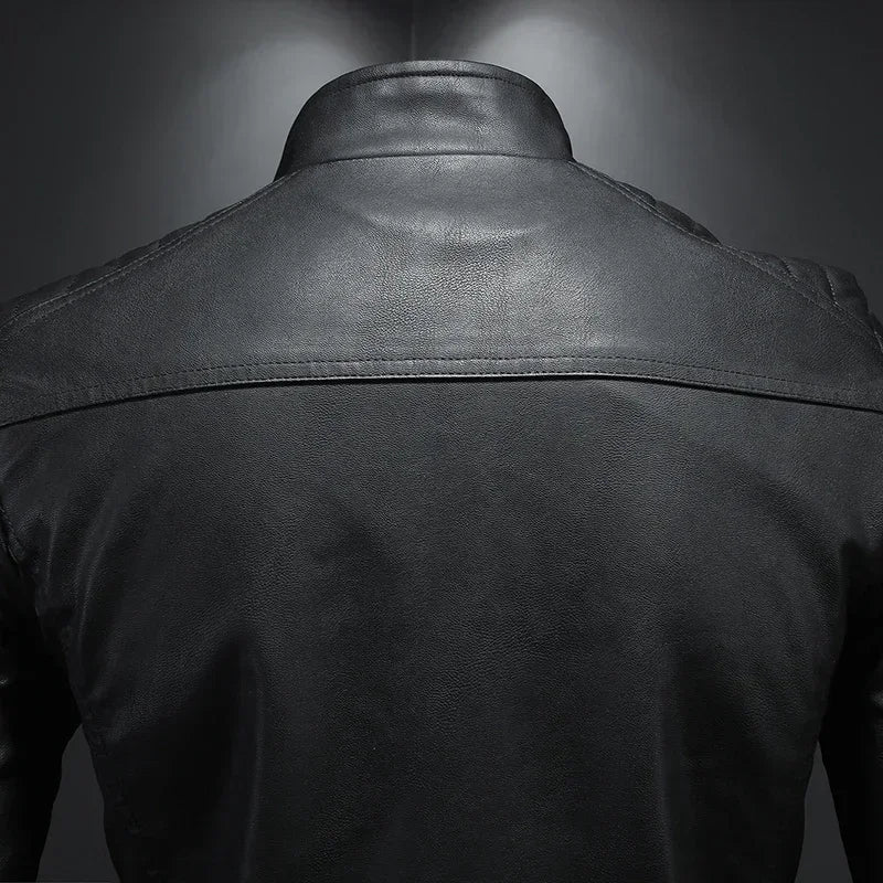 Men's Leather Slim Fit Zip-Up Long Sleeve Stand Collar Casual Motorcycle Jacket