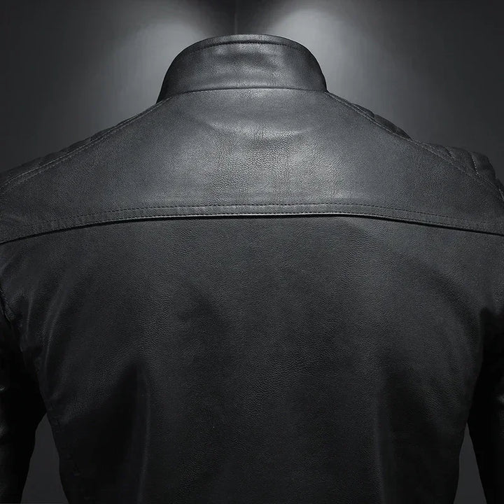 Men's Leather Slim Fit Zip-Up Long Sleeve Stand Collar Casual Motorcycle Jacket
