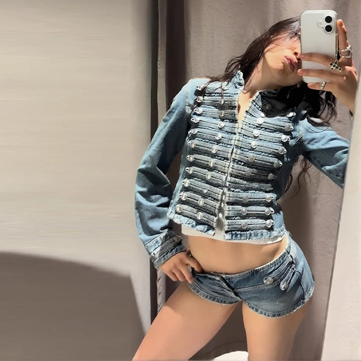 Women's Denim Jacket Slim Fit Button-Up Cropped Long Sleeve and Shorts set