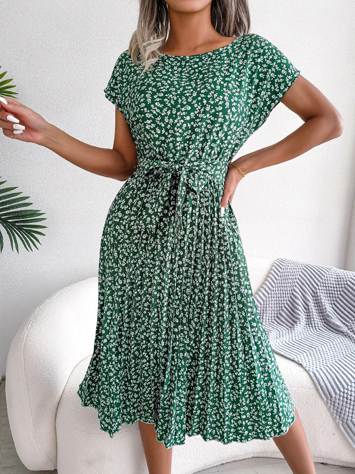 Women's Midi Dress Chiffon Floral Pleated Short Sleeve – Casual Summer