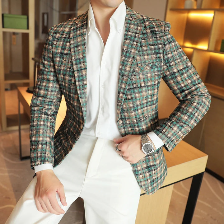 Men's Blazer Plaid Slim Fit Button Closure Long Sleeve Business Casual