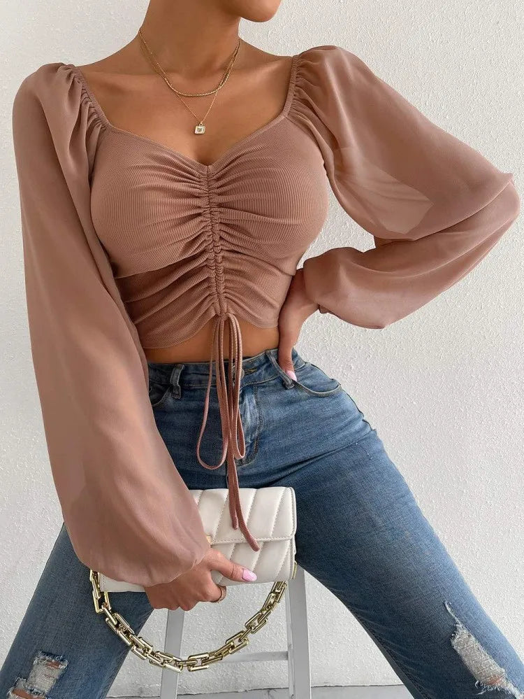 Women's Crop Top Ruched Slim Fit Long Sleeve Sheer Sleeve Drawstring Front