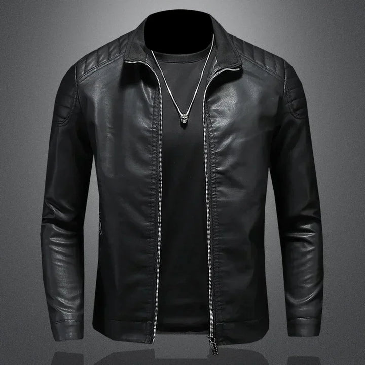 Men's Leather Slim Fit Zip-Up Long Sleeve Stand Collar Casual Motorcycle Jacket