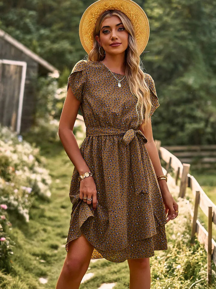 Women's Midi Dress Floral Print Sleeveless Round Neck High Waist Pleated A-Line Pullover