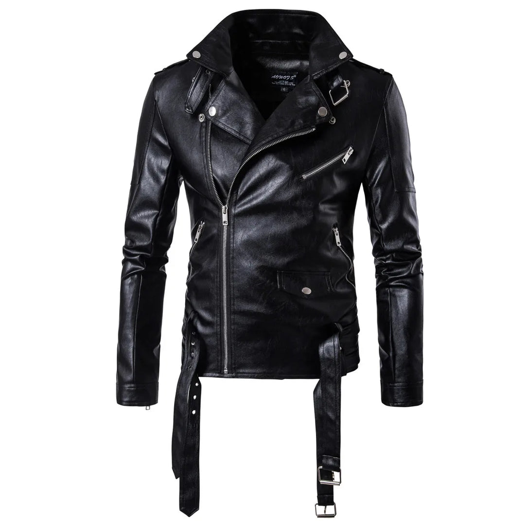 Men's Jacket PU Leather Biker Slim Fit Asymmetrical Zip-Up Long Sleeve