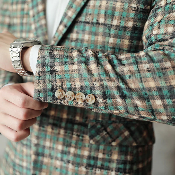 Men's Blazer Plaid Slim Fit Button Closure Long Sleeve Business Casual