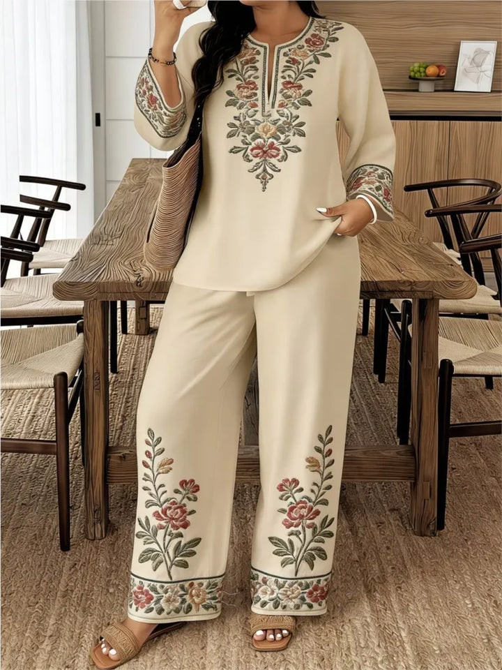 Women's Two Piece Set Embroidered Fit Long Sleeve V-Neck Top Wide Leg Pants