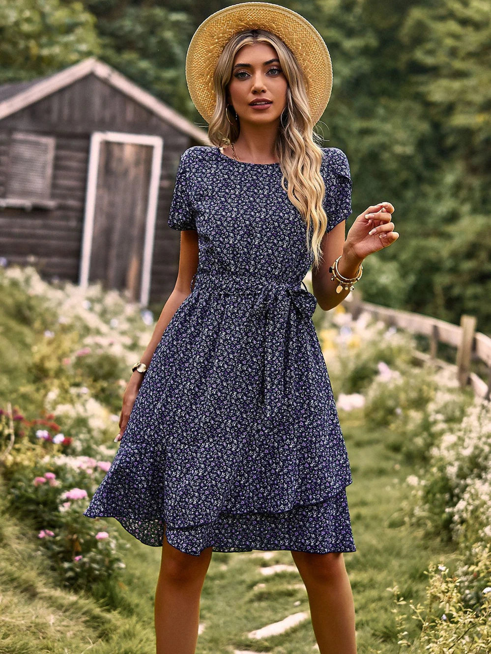 Women's Midi Dress Floral Print Sleeveless Round Neck High Waist Pleated A-Line Pullover