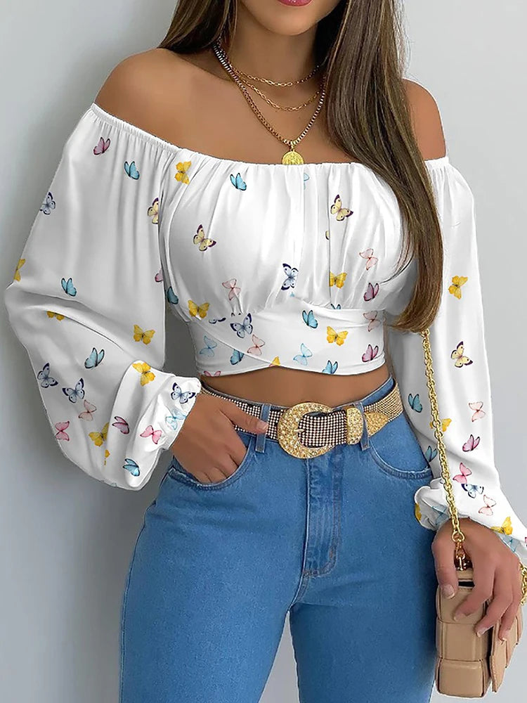 Women's Blouse Off Shoulder Slim Fit Long Sleeve Elastic Neck Crop