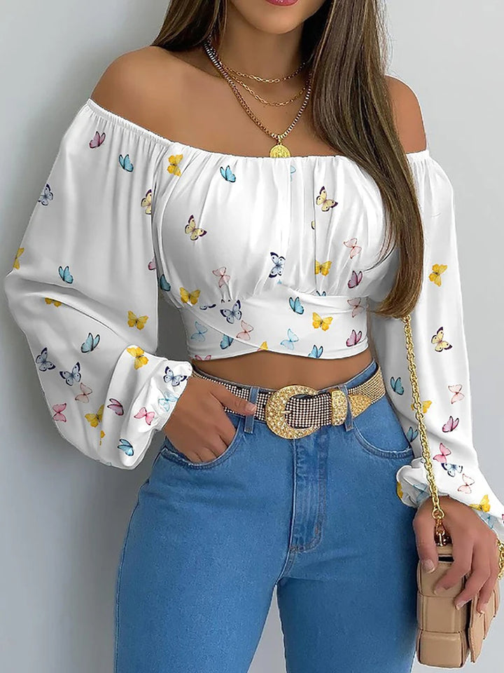 Women's Blouse Off Shoulder Slim Fit Long Sleeve Elastic Neck Crop