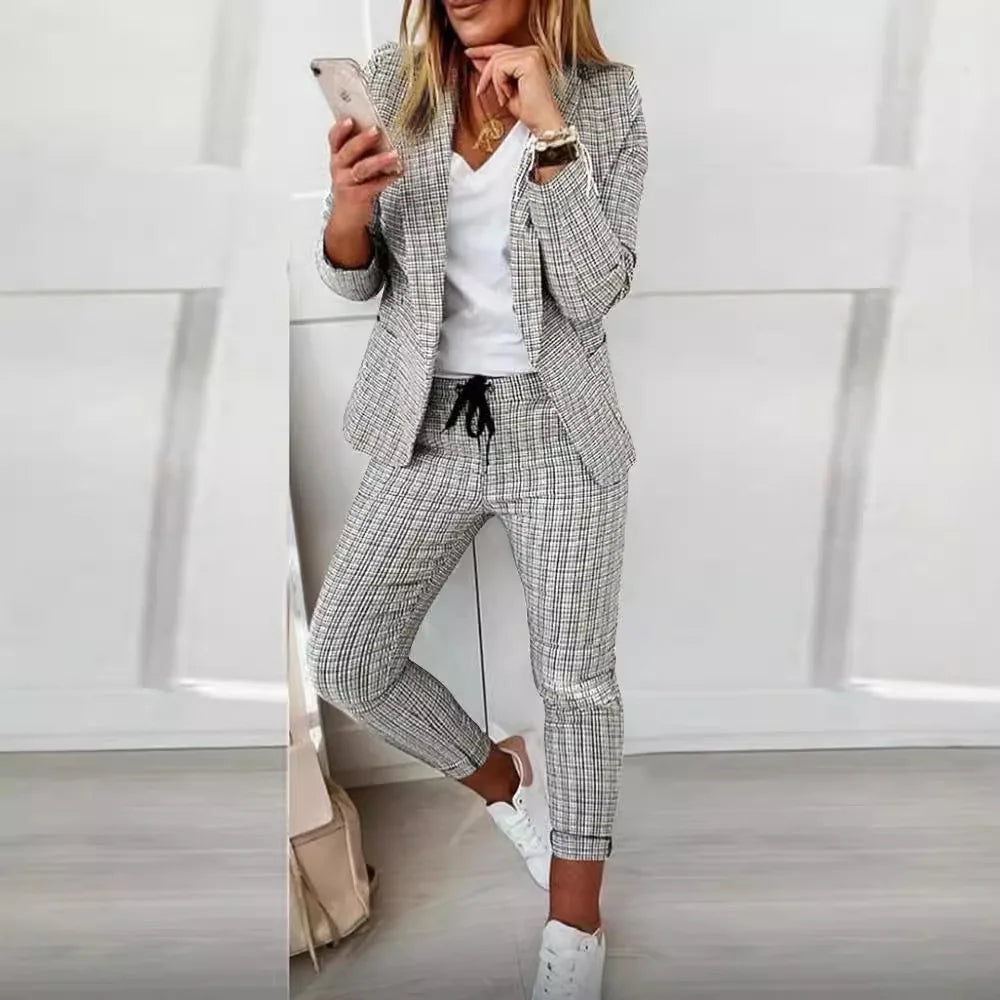 Women’s Suit Set Velvet Checked Slim Fit Blazer Sleeveless Top And Trousers