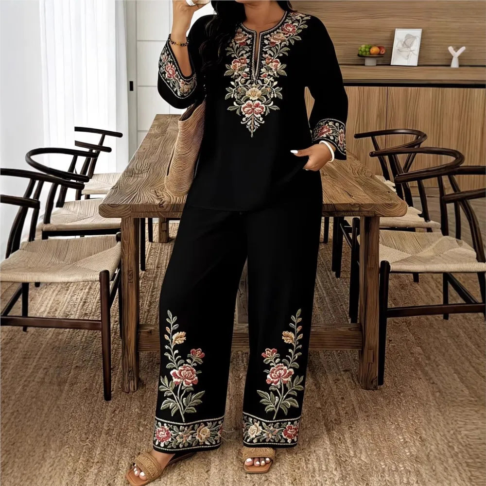 Women's Two Piece Set Embroidered Fit Long Sleeve V-Neck Top Wide Leg Pants