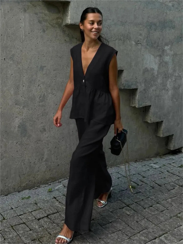 Women's Two Piece Set Sleeveless Relaxed Fit V-Neck Top Wide Leg Pants