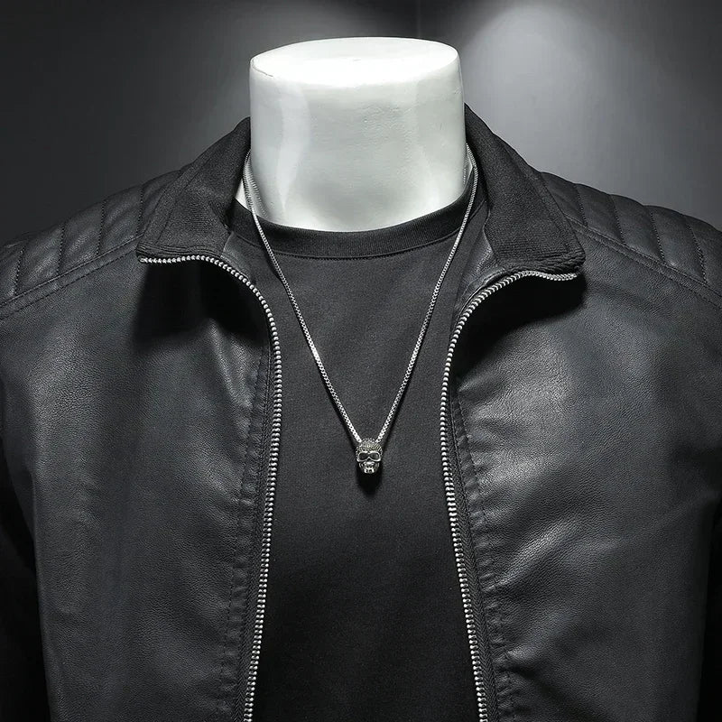 Men's Leather Slim Fit Zip-Up Long Sleeve Stand Collar Casual Motorcycle Jacket