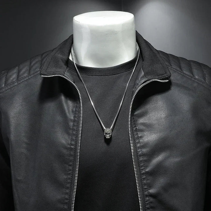 Men's Leather Slim Fit Zip-Up Long Sleeve Stand Collar Casual Motorcycle Jacket