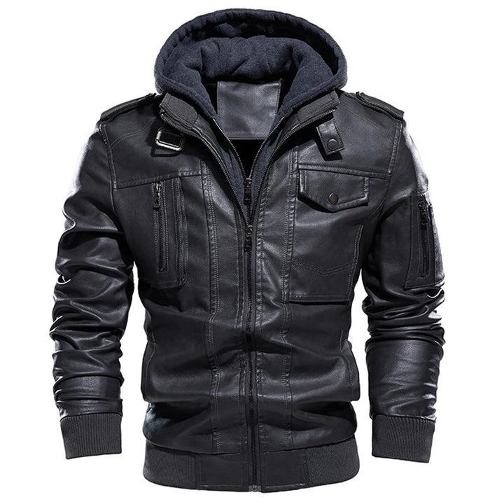Men's PU Leather Bomber Jacket with Hood, Zip-Up, Long Sleeve, Casual Motorcycle Style