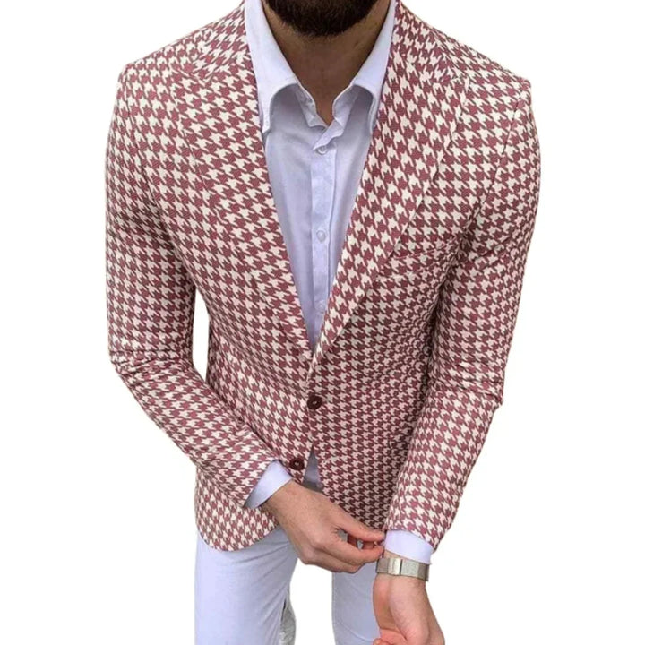 Men's Blazer Houndstooth Check Slim Fit Peak Lapel Button Closure Long Sleeve Formal Casual