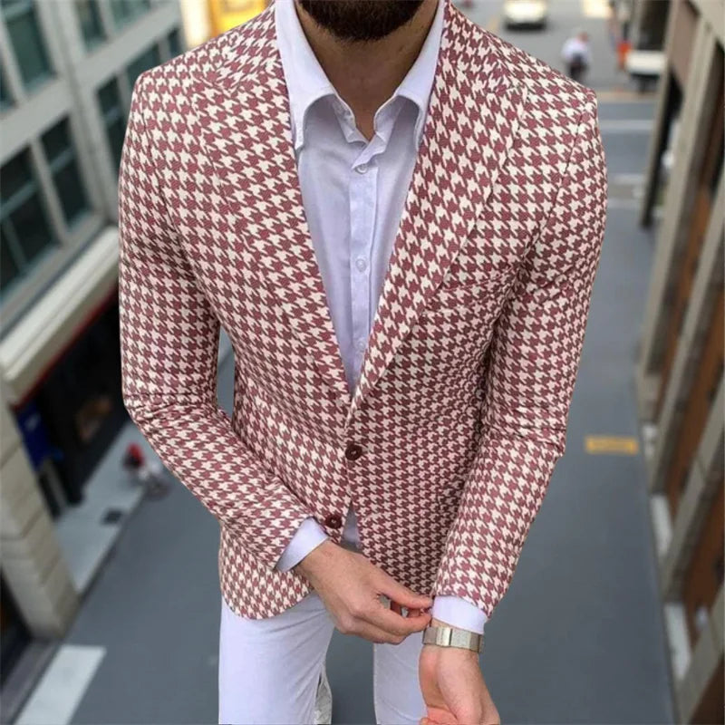 Men's Blazer Houndstooth Check Slim Fit Peak Lapel Button Closure Long Sleeve Formal Casual