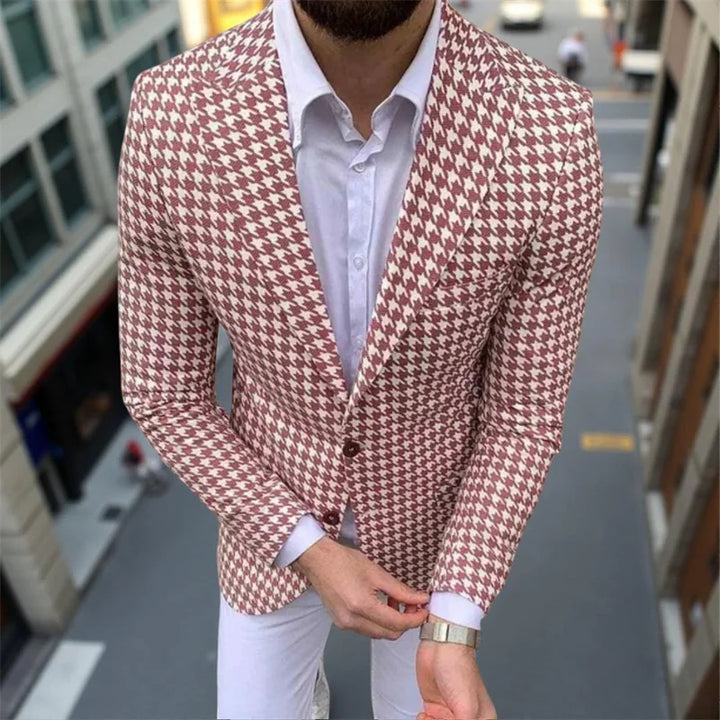 Men's Blazer Houndstooth Check Slim Fit Peak Lapel Button Closure Long Sleeve Formal Casual