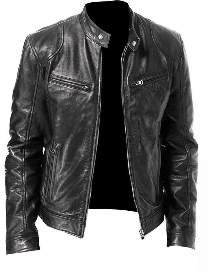 Men's Jacket PU Leather Bomber Loose Fit Zip-Up Long Sleeve