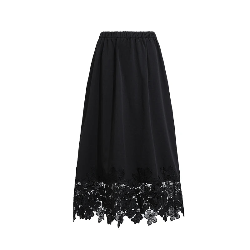 Women's Midi Skirt Floral Lace Hem Elastic Waist Cutout Loose Fit