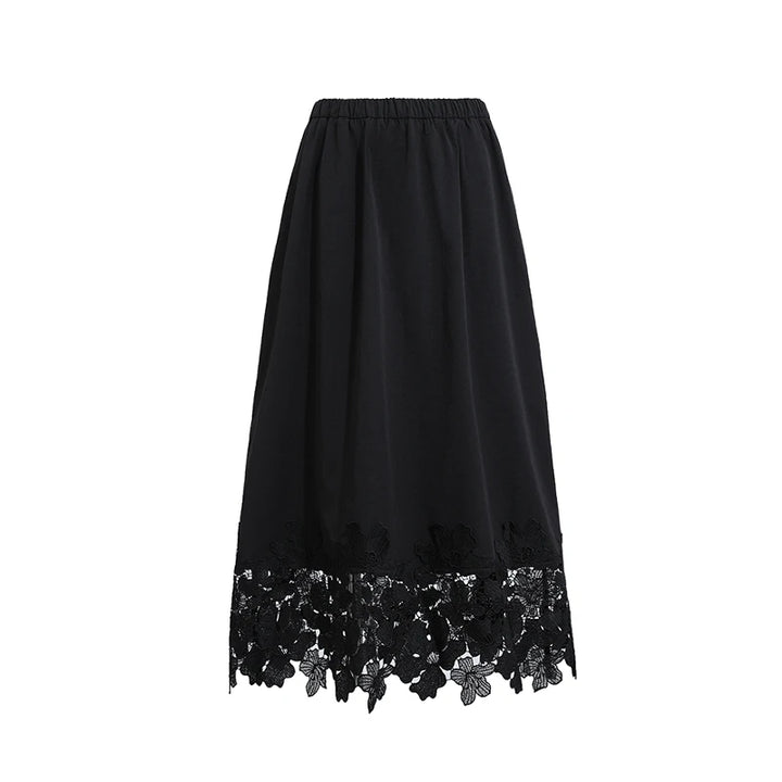 Women's Midi Skirt Floral Lace Hem Elastic Waist Cutout Loose Fit